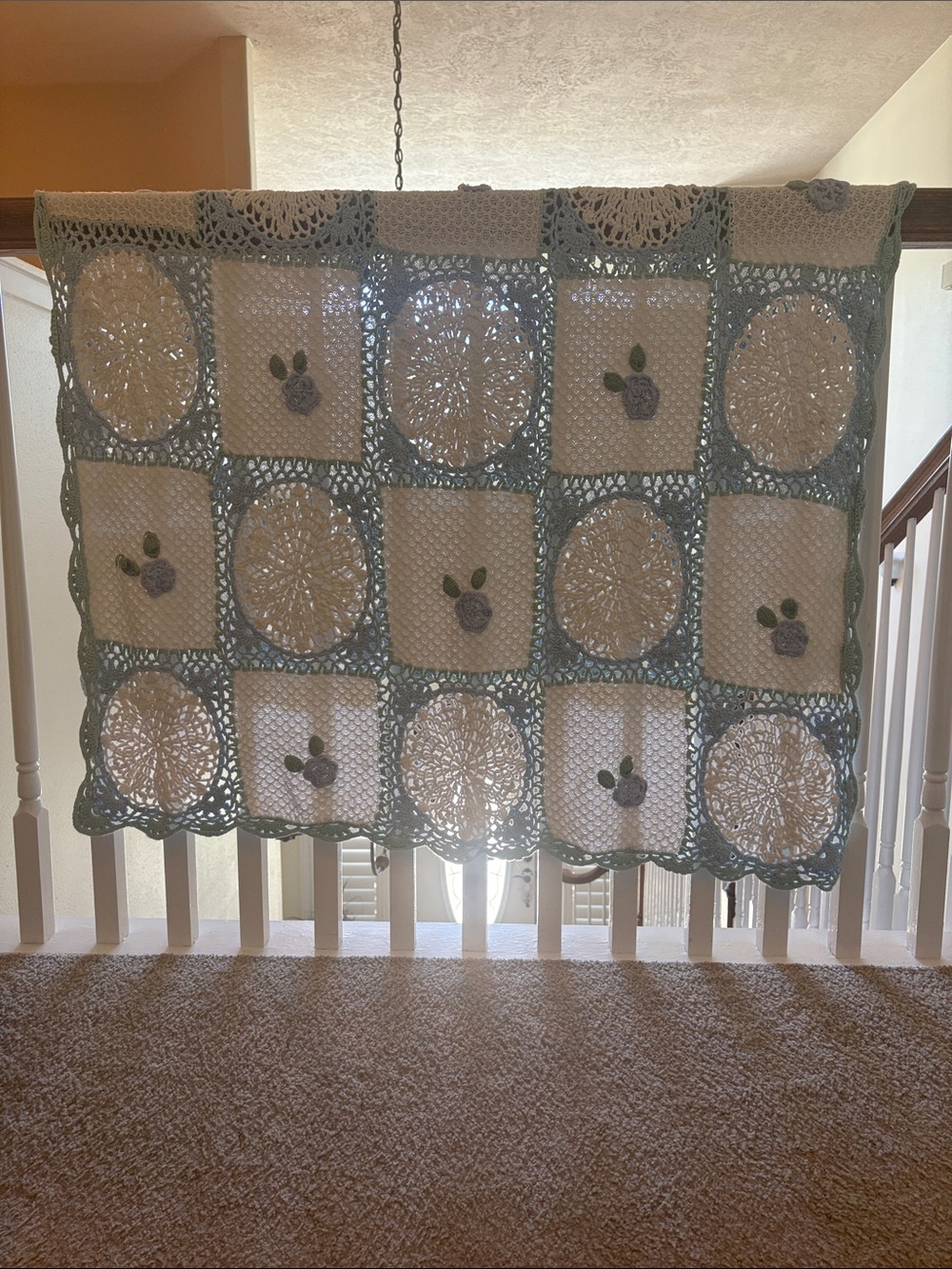 Crocheted blanket blue and white 42 X42 inches.